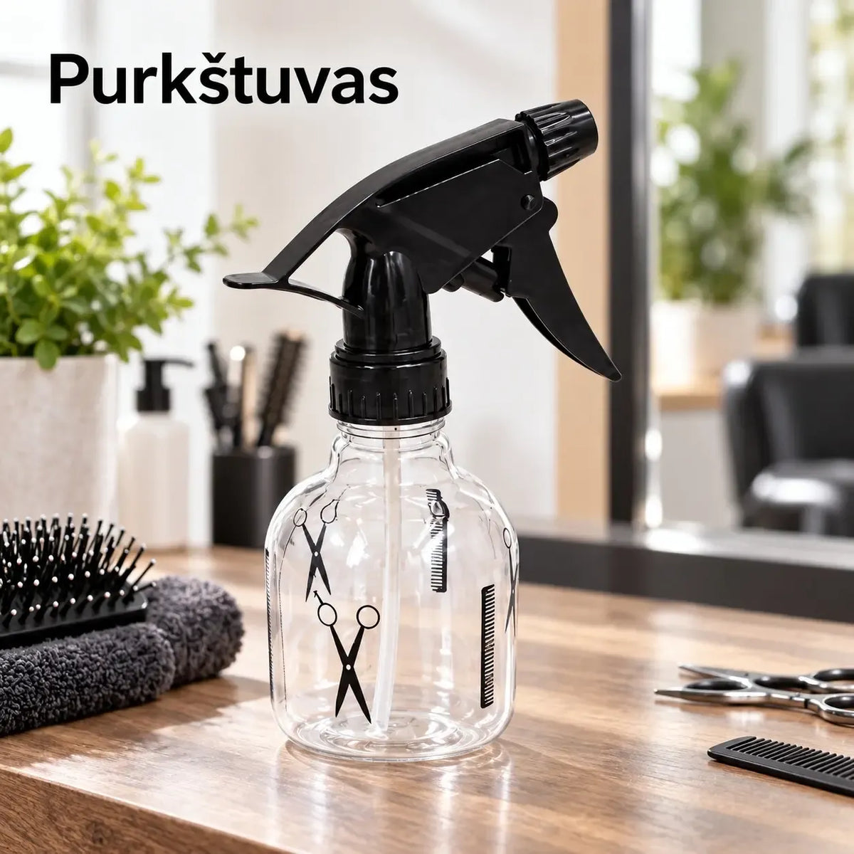 Plastikinis purškiamas buteliukas 100 ml, skaidrus, su purkštuvu, tinkamas skysčiams ar kosmetikai.