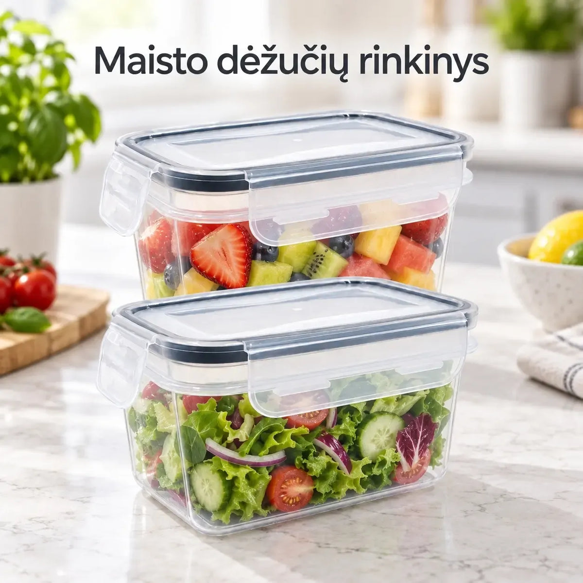 Plastikinių maisto laikymo indų rinkinys su dangčiais, 2 vnt., skaidrūs plastiko indai sandėliavimui ir šaldymui.