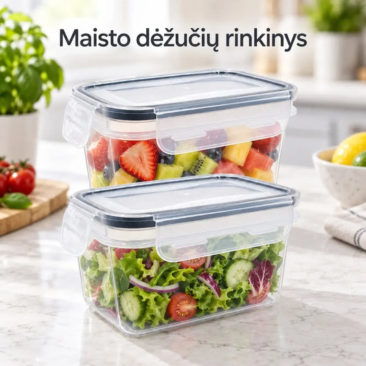 Plastikinių maisto laikymo indų rinkinys su dangčiais, 2 vnt., skaidrūs plastiko indai sandėliavimui ir šaldymui.
