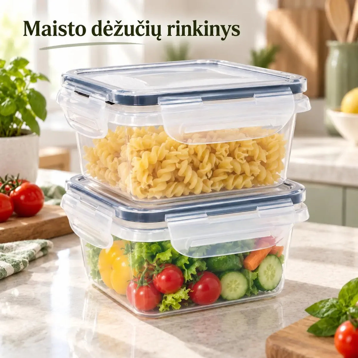 Plastikinių maisto laikymo indų rinkinys su dangčiais, 2 vnt., skaidrus plastikas, patogus sandėliavimui ir šaldymui.