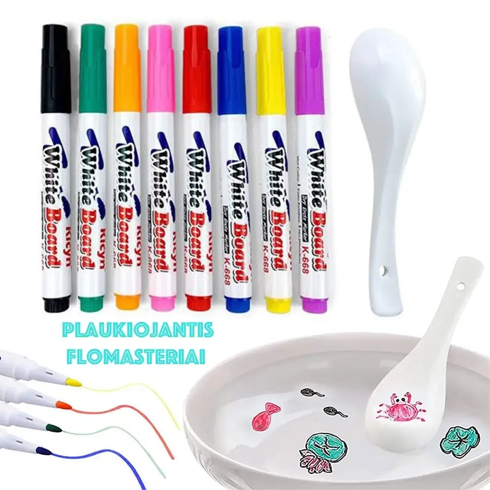 Plaukiojantys flomasteriai, 11 vnt., vaikų piešimo ant vandens rinkinys, ryškios spalvos ir patogus naudojimas.