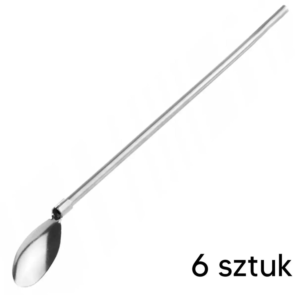 Daugkartinio naudojimo plieno šiaudelių ir šaukštelių rinkinys, pagamintas iš metalinio plieno, su įvairių dydžių įrankiais.
