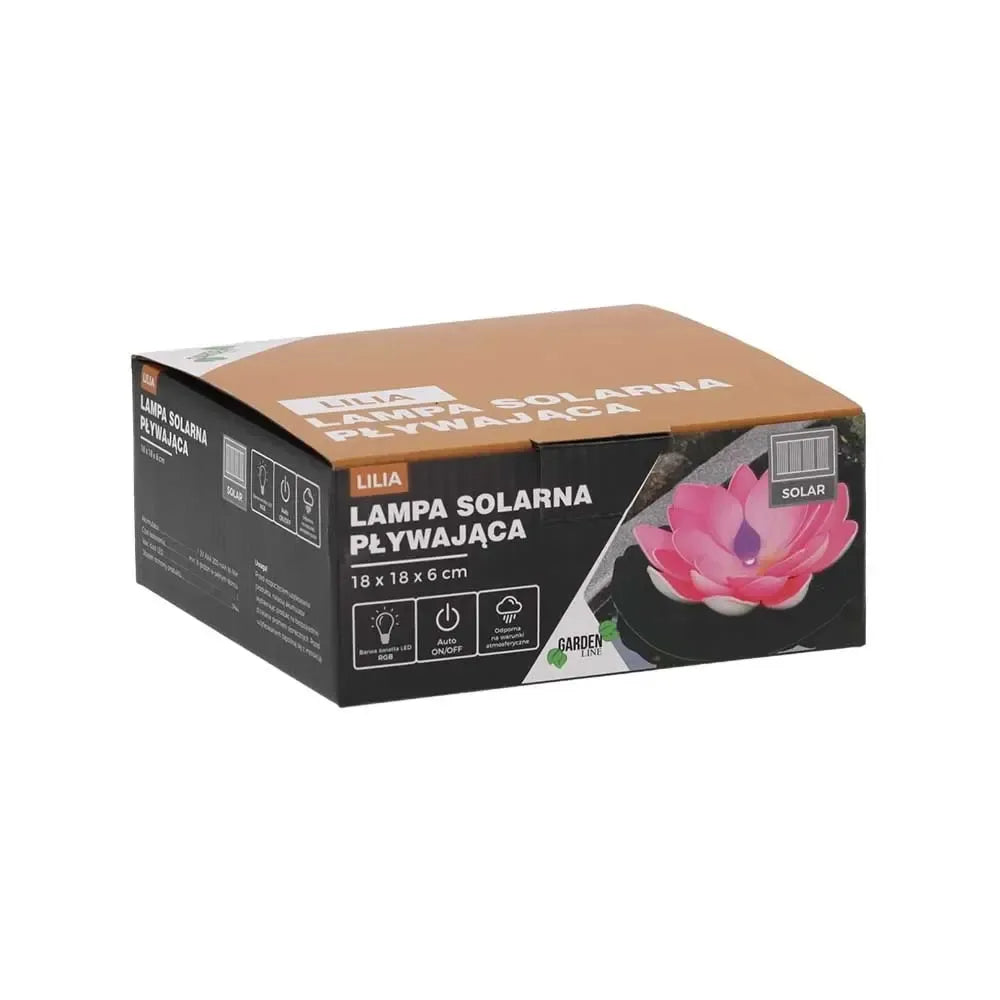 Plūduriuojanti saulės energijos lempa „Lelija“ RGB, 18x18x6 cm, vandeniui atspari ir apšviečianti vandens paviršių.