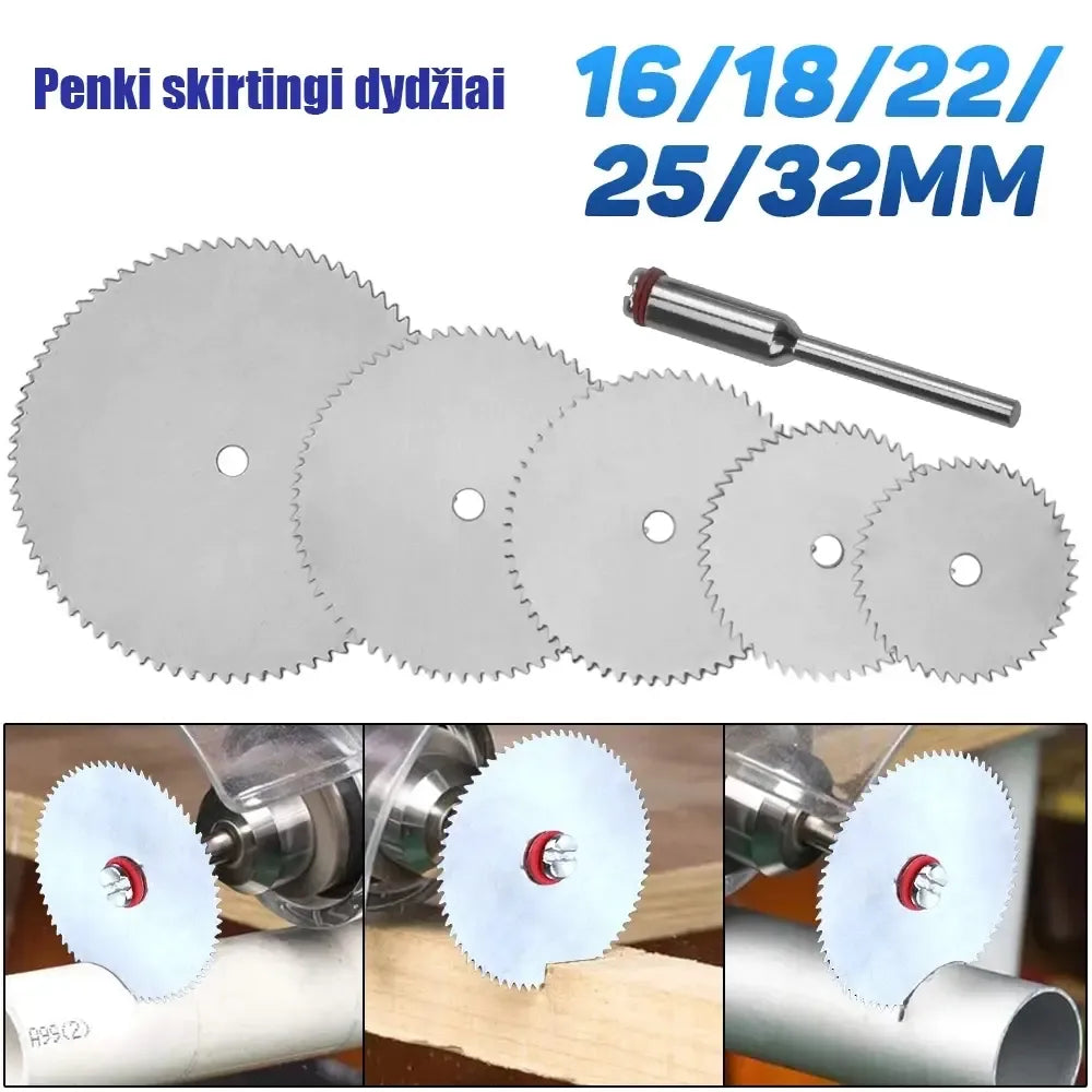 Preciziniai pjovimo diskai 5 vnt. rinkinys, plienui ir medienai, tinka tiksliai pjovimo darbams, matmenys ir detalės matomos nuotraukoje.