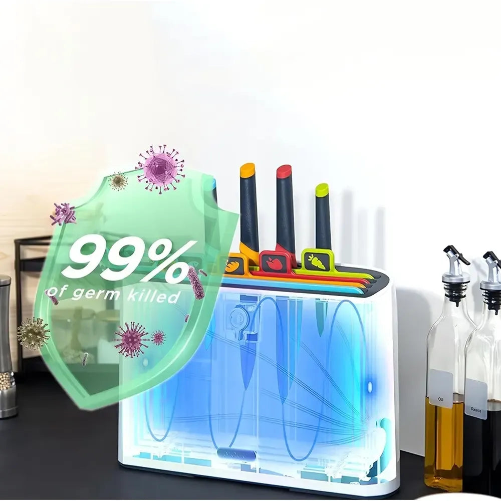 Premium virtuvės rinkinys su UV sterilizatoriumi, peiliais ir pjaustymo lentelėmis, tinkamas saugiai ir švariai maisto ruošai
