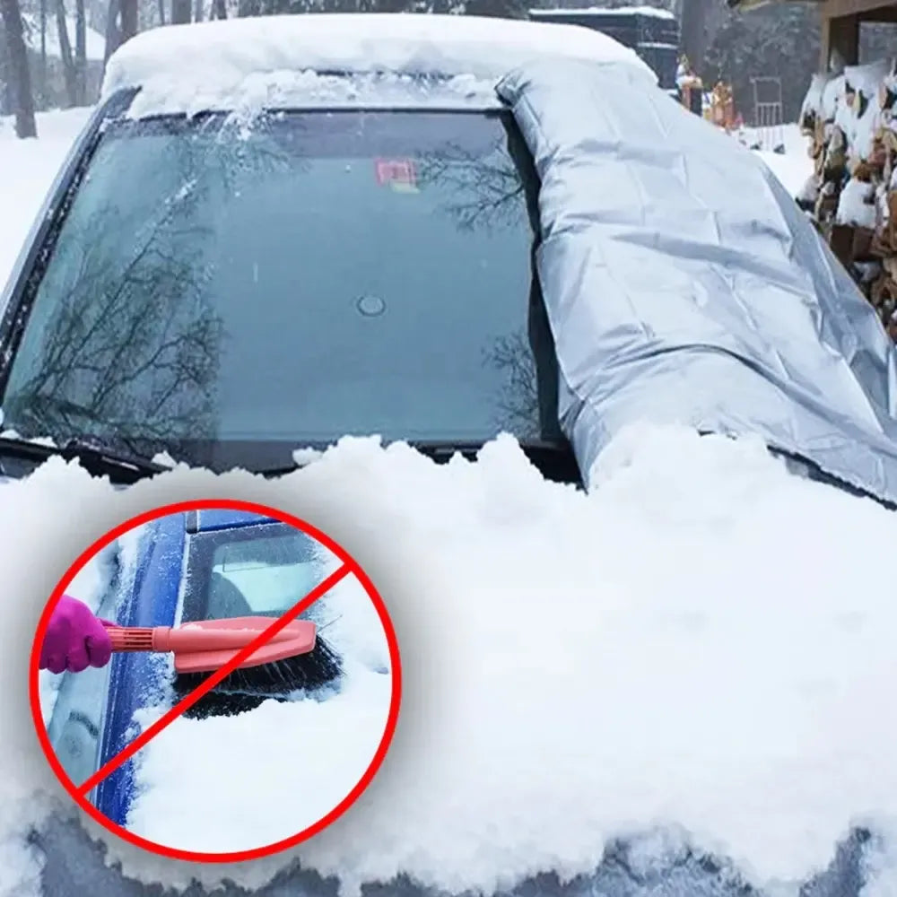 Priekinio automobilio stiklo uždangalas, apsaugantis nuo sniego ir ledo, su aiškiais užsklandais ir tvirtinimo elementais.
