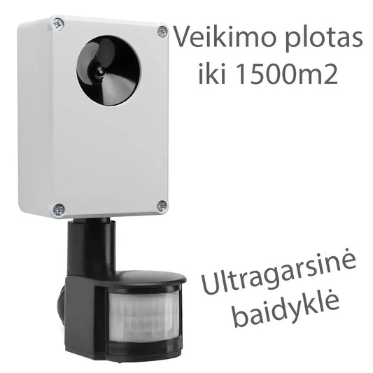 Profesionali ultragarsinė gyvūnų baidyklė, skirta apsaugoti iki 1500 m², matomas įrenginys su ultragarso funkcija.