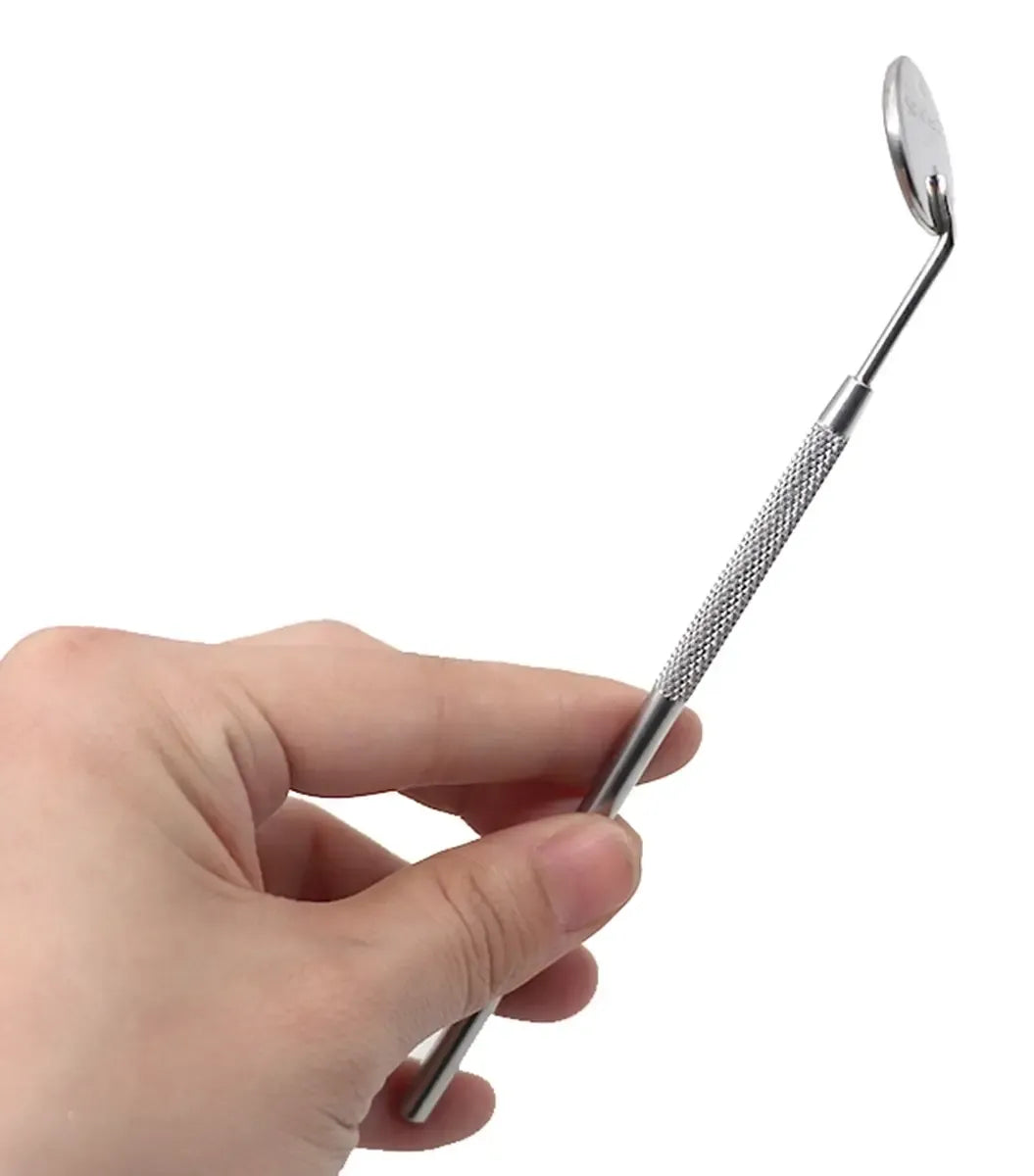 Profesionalus dantų veidrodėlis, skirtas odontologų apžiūroms, su rankena ir apvaliu veidrodžio paviršiumi.