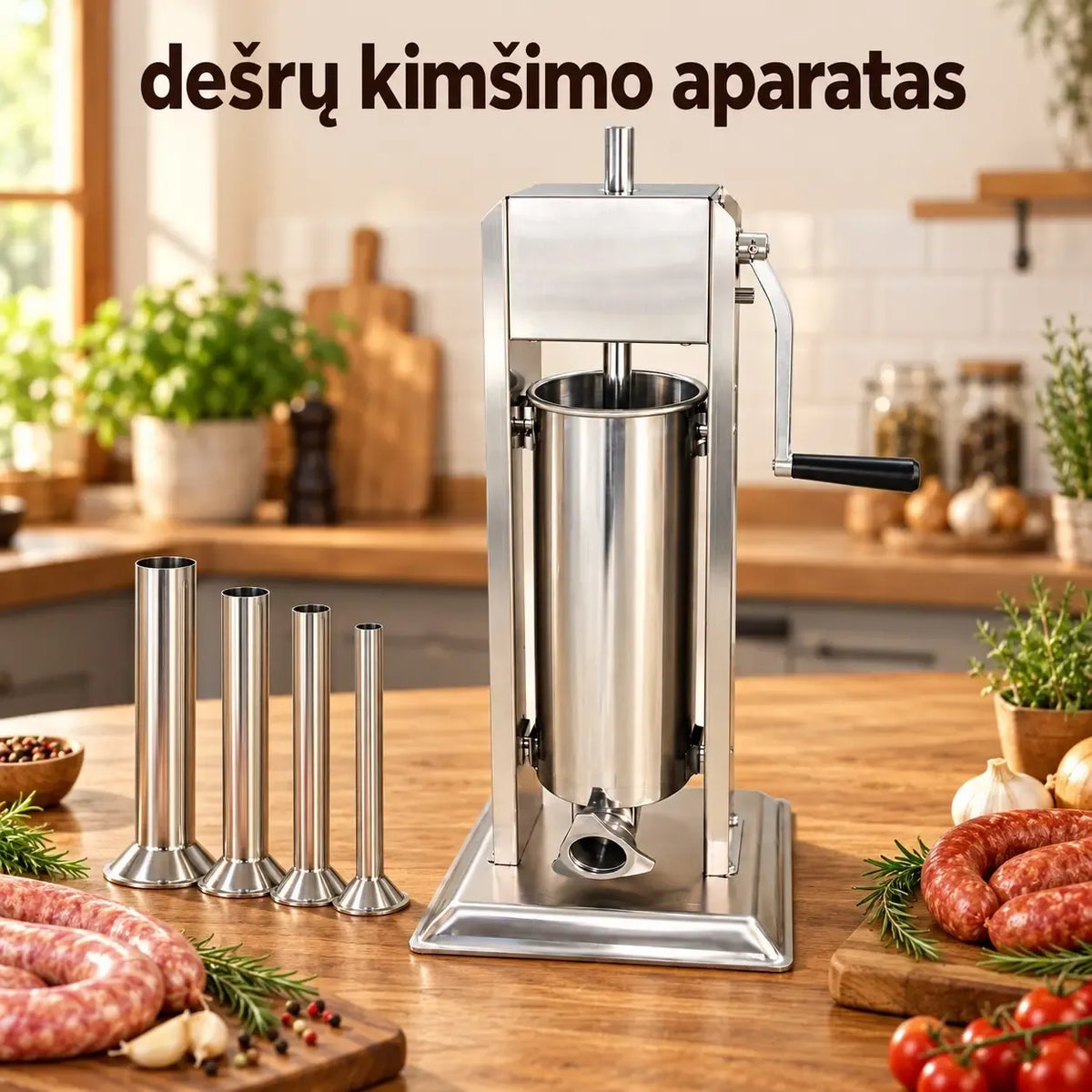 Profesionalus dešrų kimštuvas 7 litrų su patogiomis rankenomis ir tvirtomis medžiagomis, skirtas dešrų gamybai.