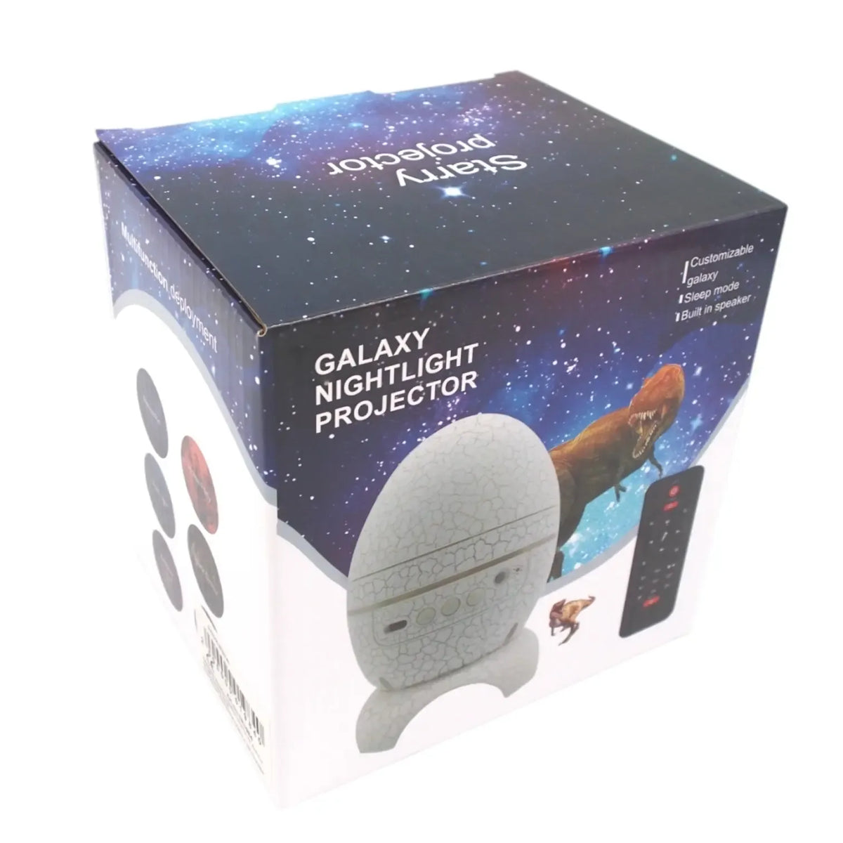 Dinozauro kiaušinio formos Galaxy projektorius su Bluetooth kolonėle ir nuotolinio valdymo pulteliu, tinka vaikų kambariui.