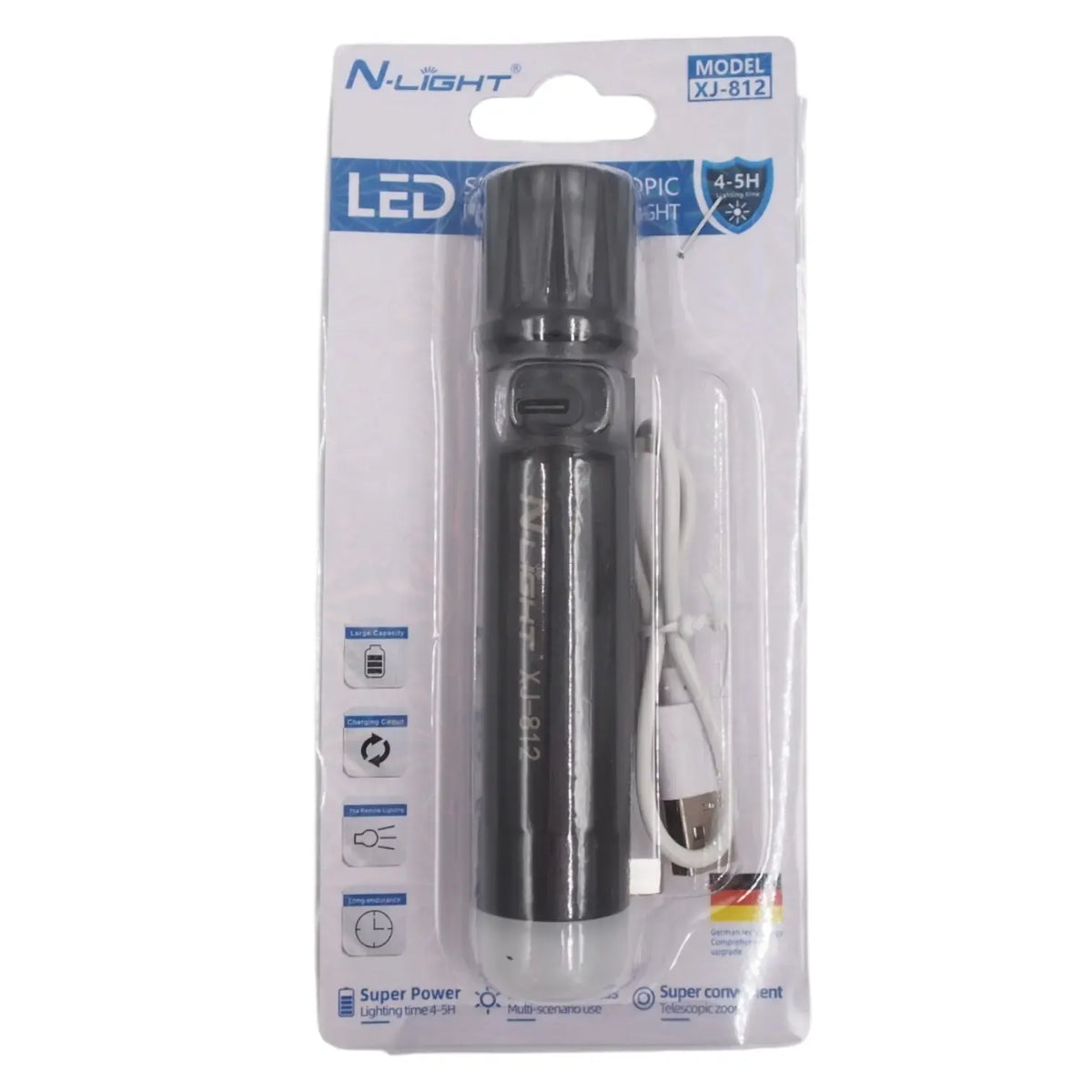 Įkraunamas LED prožektorius N-Light XJ-812 su priartinimo funkcija, juodas ir kompaktiškas, su rankena ir reguliuojamu apšvietimo kampu.
