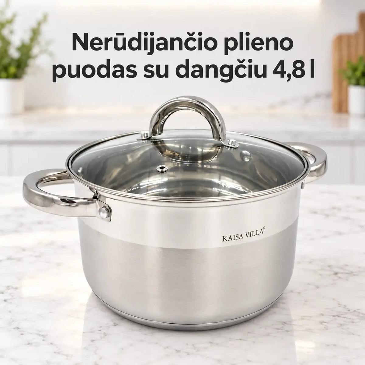 Klasikinis 4,8 l puodas su stikline dangčiu, patogus ir tinkamas virimui namuose, su aukštos kokybės rankenomis.