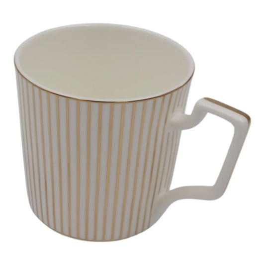 Porcelianinis 400 ml puodelis su auksinėmis linijomis, elegantiškas ir subtilus, skirtas gėrimams, rankų darbo.