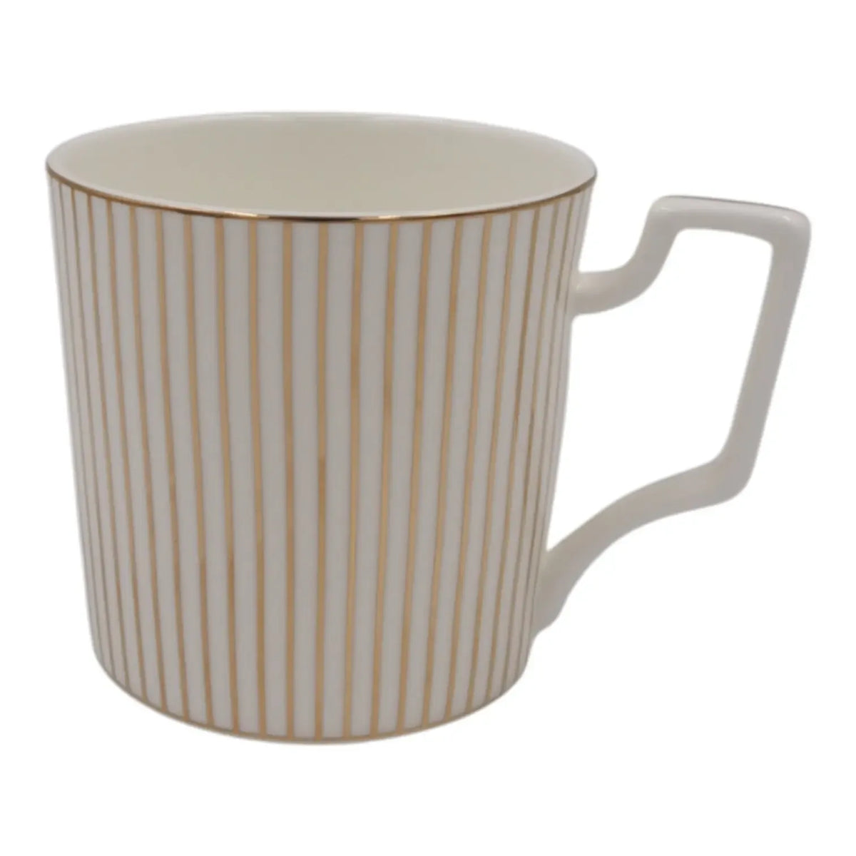 Porcelianinis 400 ml puodelis su auksinėmis linijomis, elegantiškas ir subtilus, skirtas gėrimams.