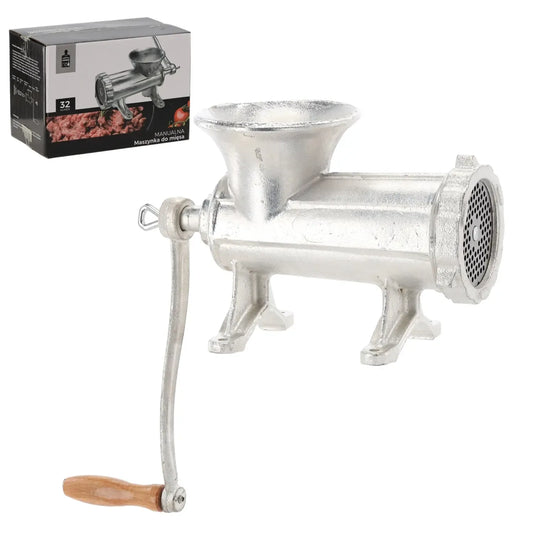 Ketaus rankinė mėsmalė Nr. 32, sverianti 6,9 kg, su rankena ir metaliniu korpusu, skirta mėsos smulkinimui.