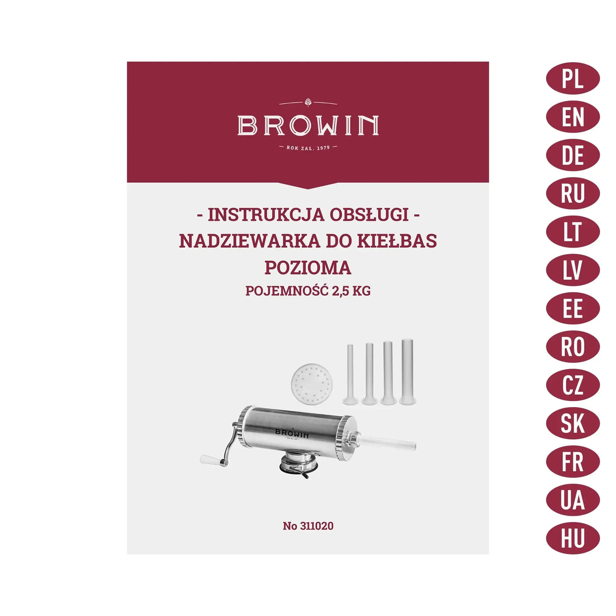 Rankinis horizontalių dešrų kimštuvas, skirtas 2,5 kg mėsos gaminiams, matomas su rankena ir užpildymo vamzdžiu.
