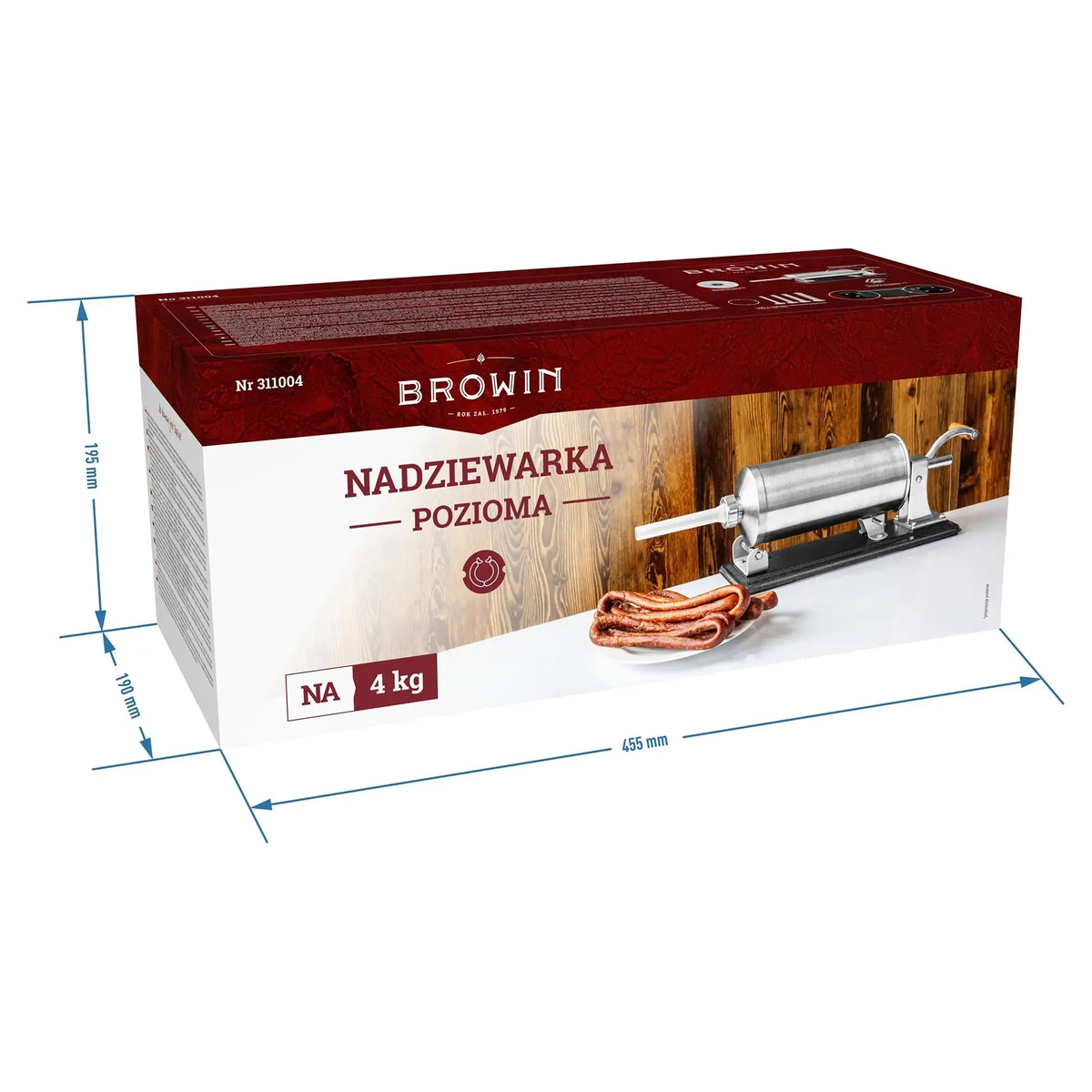 Rankinis horizontalus dešrų kimštuvas, 4 kg, metalinis įrankis dešrų gamybai, rankena ir išpūstas cilindras.