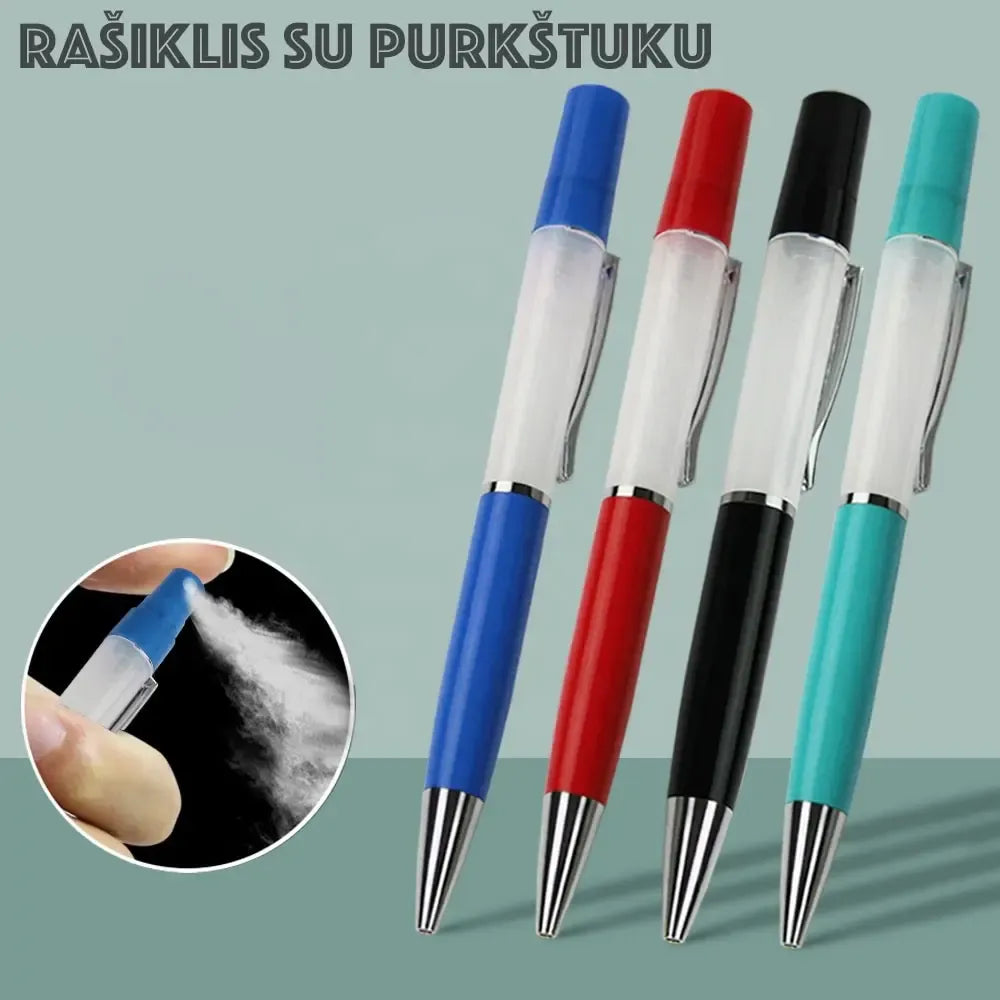 Daugiafunkcis rašiklis su kvepalų purkštuku, sidabrinis, kompaktiškas ir modernus rašymo bei kvepalų naudojimo įrankis
