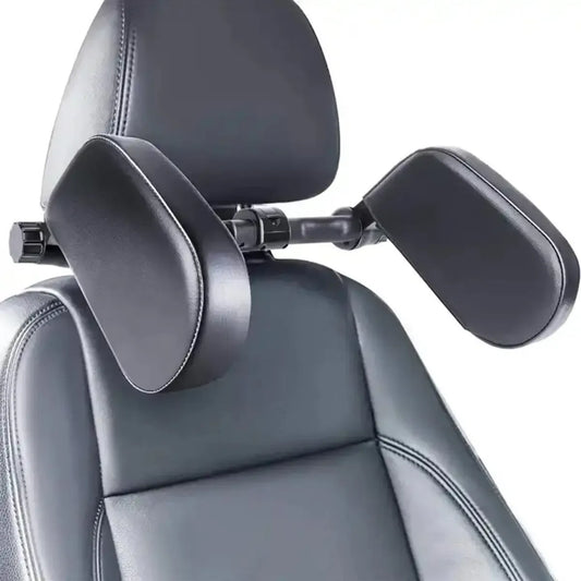 Reguliuojama automobilių galvos atrama su minkšta pagalve ir reguliavimo mechanizmu, patogiai pritvirtinama prie galvos.