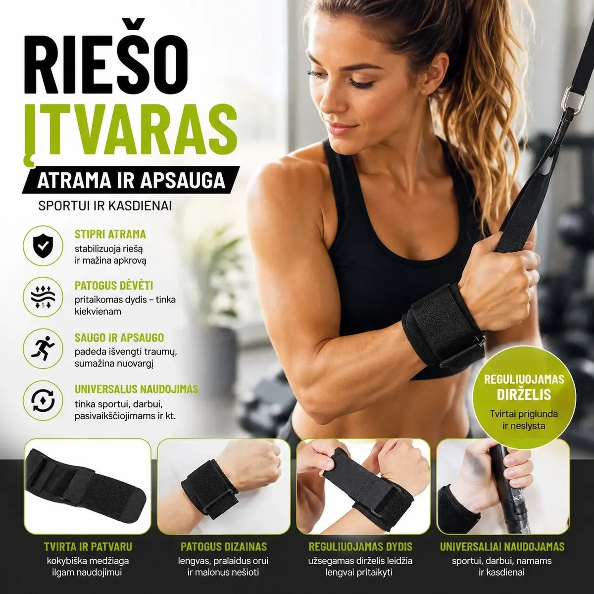 Reguliuojamas šildantis riešo įtvaras, dėvimas rankai, su reguliavimo juostomis ir šilumos funkcija, minkštas ir patogus naudoti