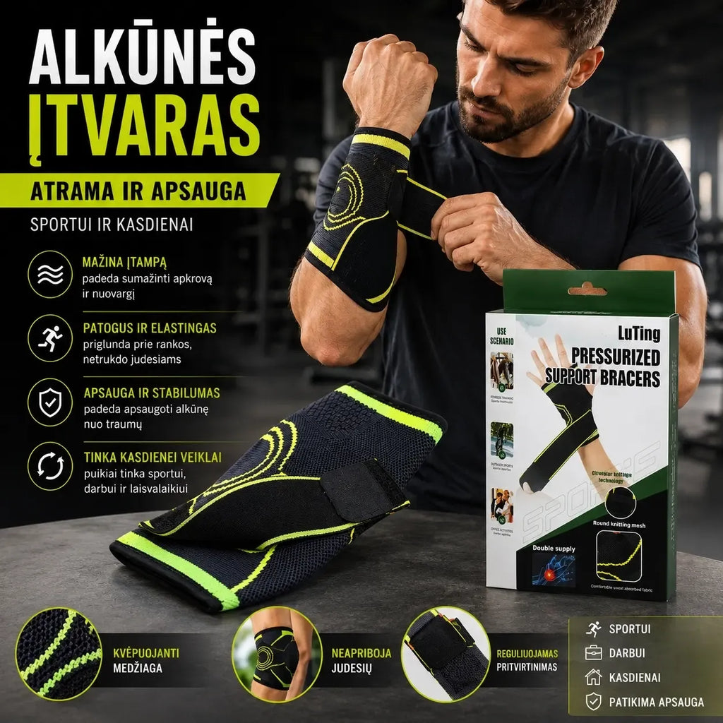 Riešo įtvaras XLINE TR1628, lankstus ir stabilizuojantis riešo supportas, matomas iš arti su tvirtinimo dirželiais.