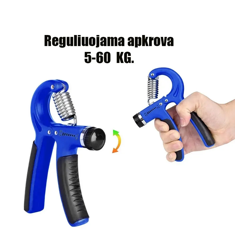 Rankų ir riešų treniruoklių rinkinys GRIP, įskaitant rankų spaudimo ir riešo stiprinimo įrangą, tinka sporto treniruotėms.