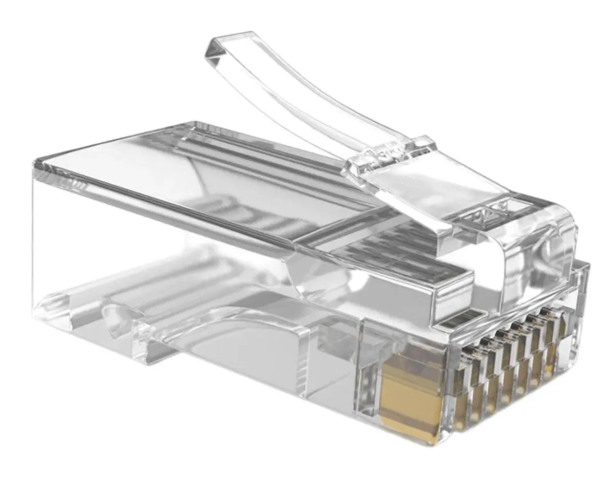 RJ-45 8P8C tinklo jungtis interneto kabeliui, metalinė ir plastikinė jungties galvutė, skirta tinklo kabeliams.