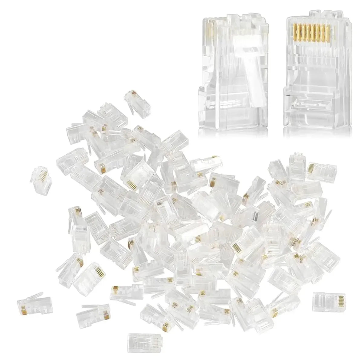 RJ-45 8P8C tinklo jungtis interneto kabeliui, detalus vaizdas su kontaktų ir plastikiniu korpusu