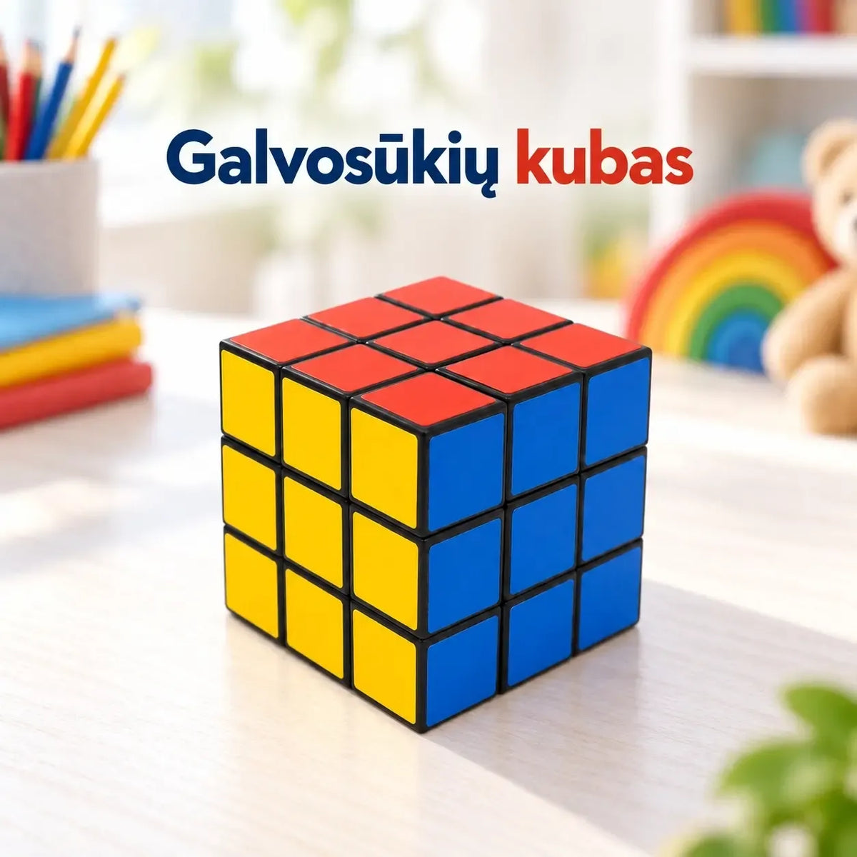 Spalvotas Rubiko kubas 3x3, matomas iš arti, su aiškiais spalvų langeliais ir sukimosi mechanizmu.