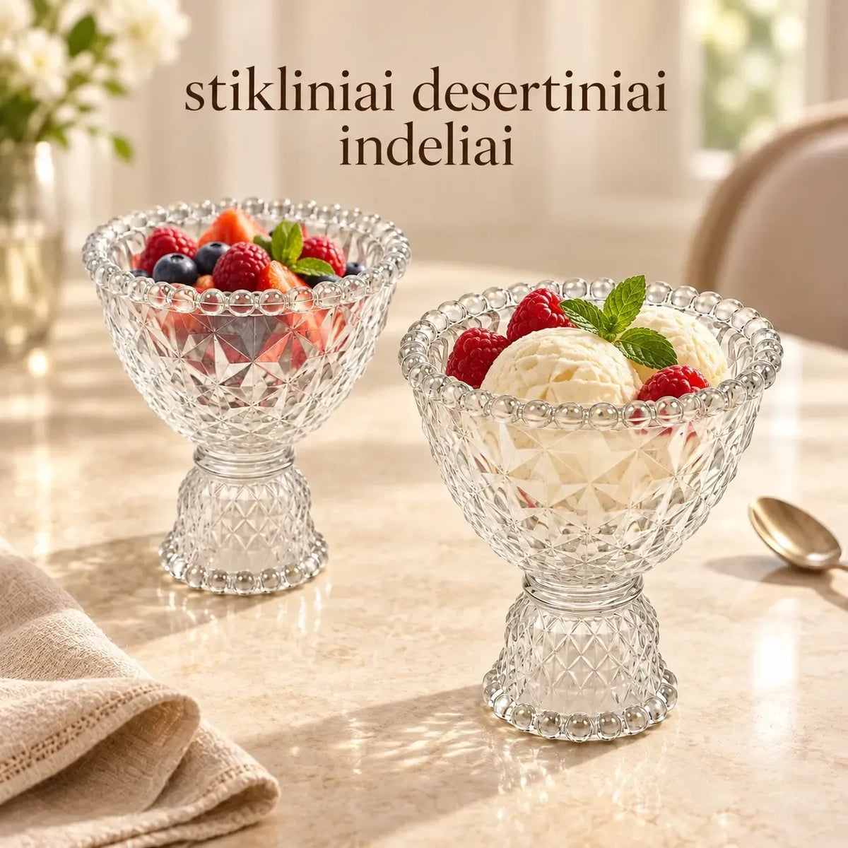 Dviejų stiklinių desertinių taurių rinkinys, elegantiškos saldžioji taurės, skirto desertams ar saldiems patiekalams.