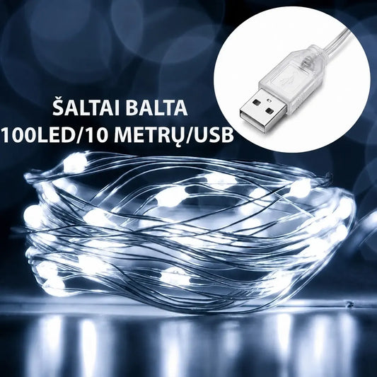 Šaltai balta LED girlianda su 100 LED šviesomis, 10 m ilgio, naudojama apšvietimui ir dekoravimui.