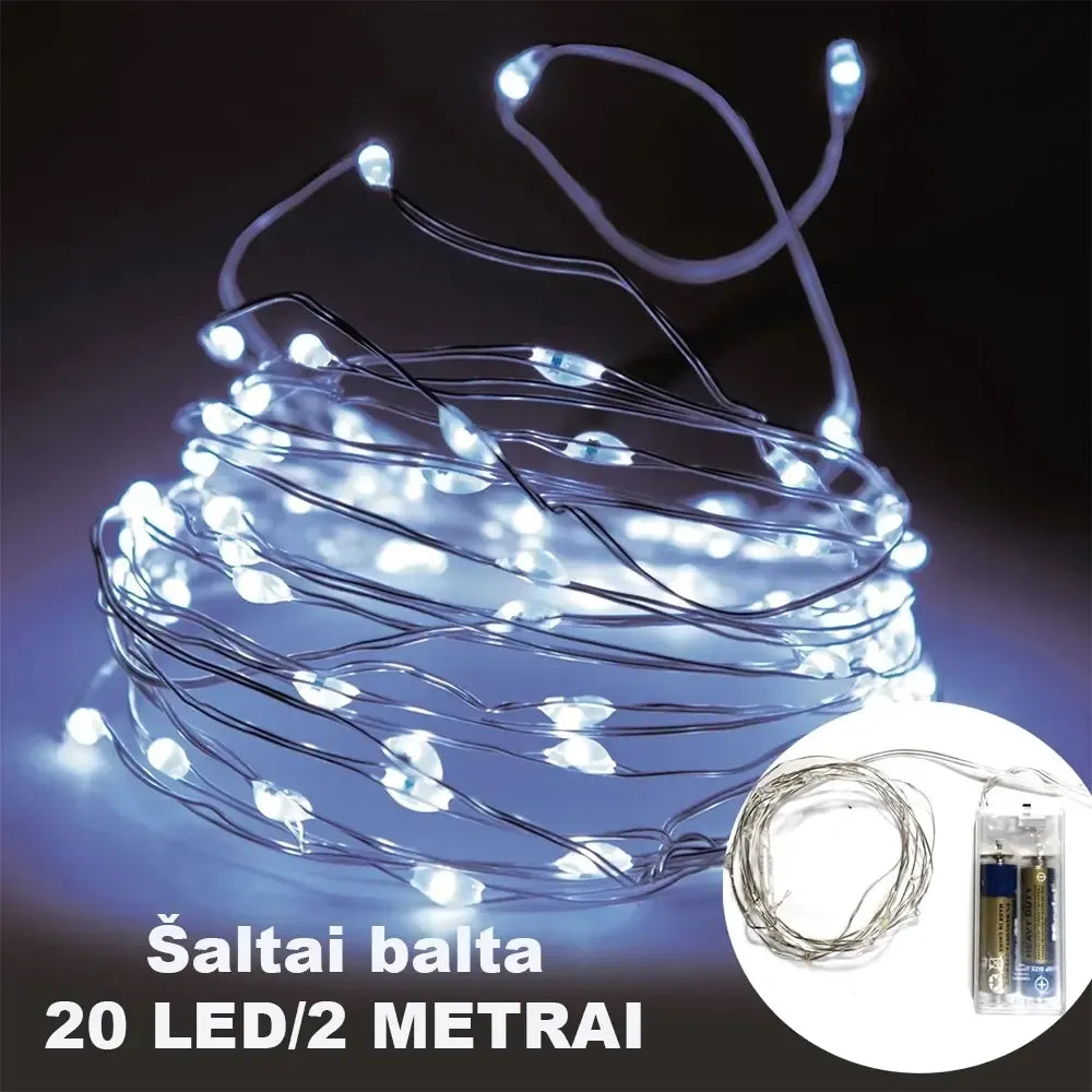 Šviesi balta LED girlianda su 20 LED, 2 m ilgio, veikianti su AA baterijomis, puikiai apšvietimui ir dekoracijoms namuose.