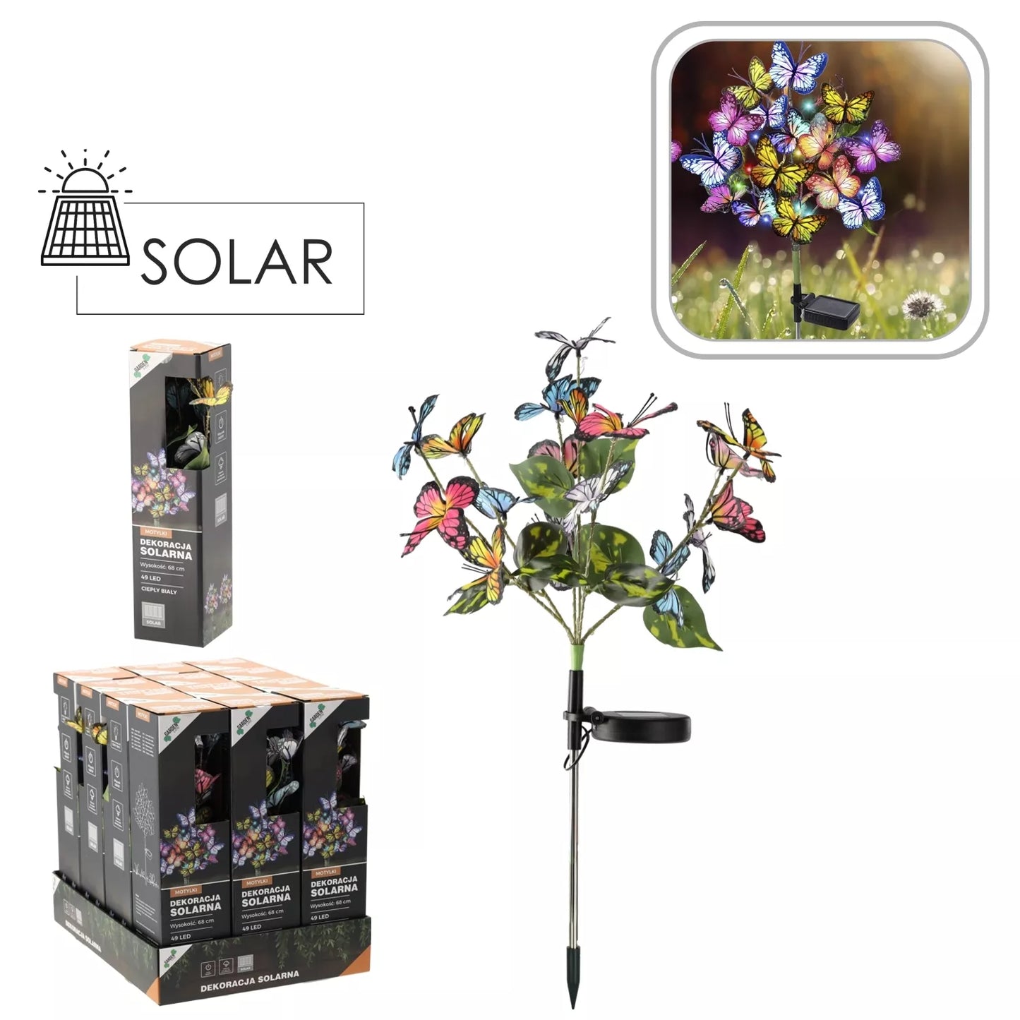 Päikeseenergial töötav aiakaunistus LED-liblikatega, 68 cm