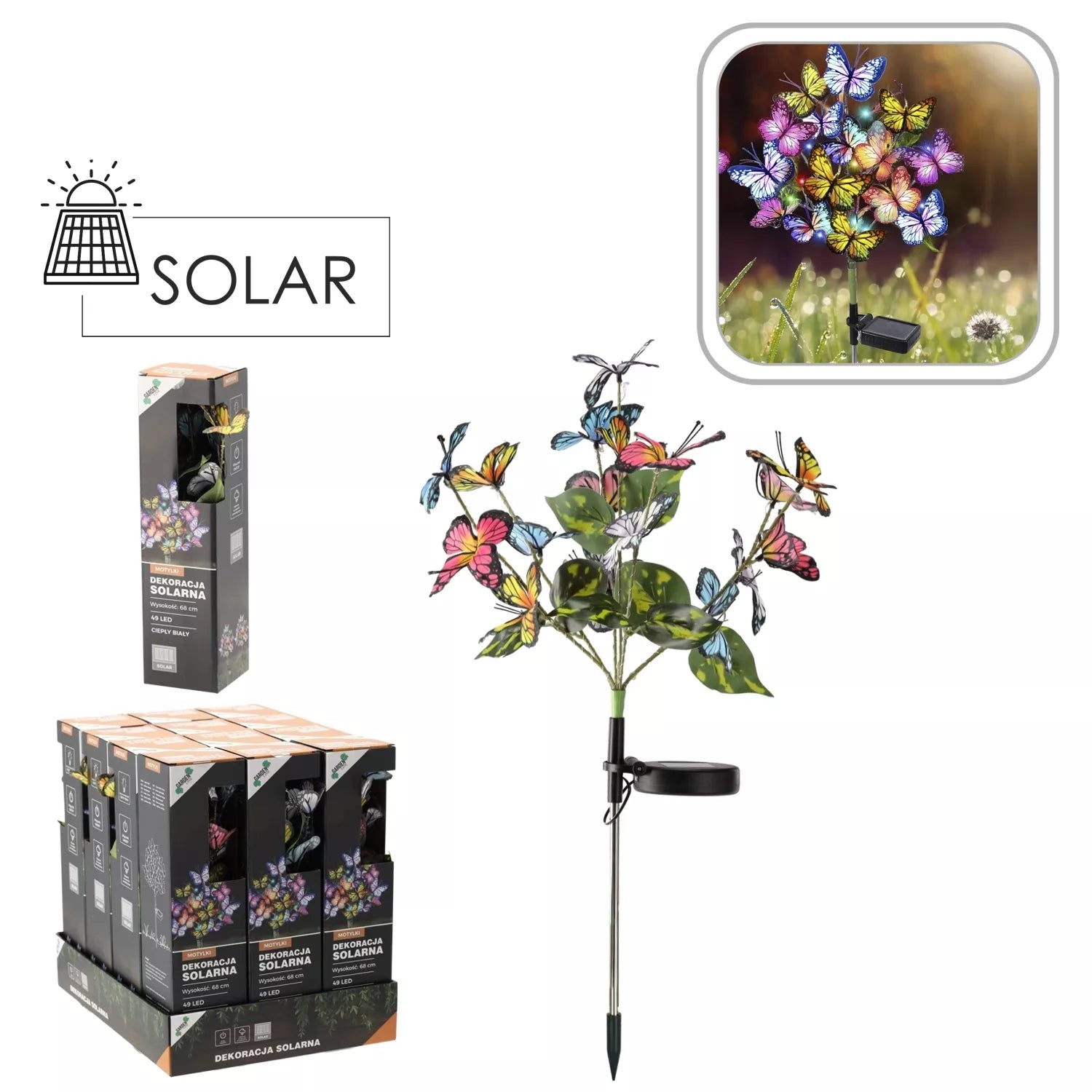 Päikeseenergial töötav aiakaunistus LED-liblikatega, 68 cm