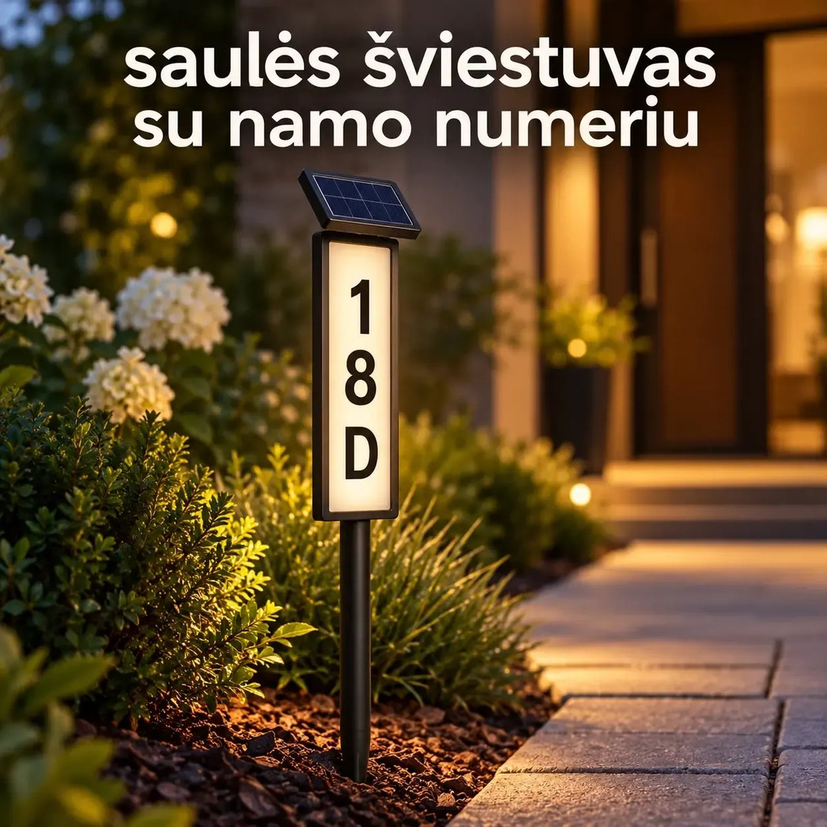Saulės šviestuvas su namo numeriu, juodas metalinis apšvietimas su šviečiančiu skaitmeniu, lauko apšvietimui, dekoratyvus ir funkcionalus