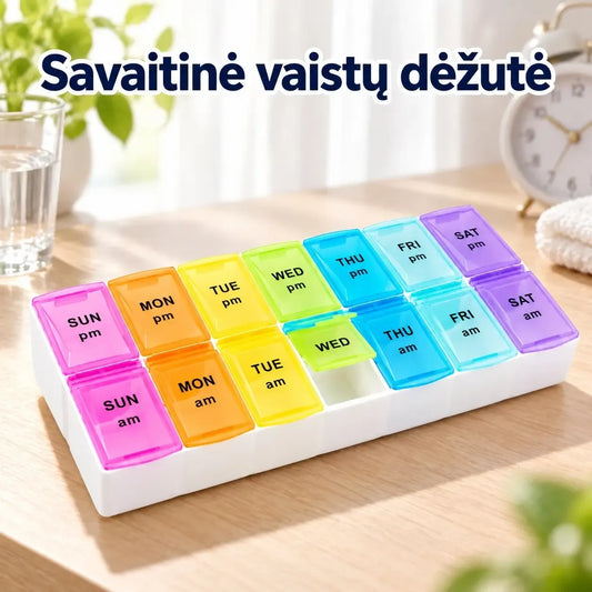Savaitinė vaistų dėžutė su 14 skyrelių, kompaktiška ir patogi organizacijai, skirta kasdieniam vaistų laikymui.