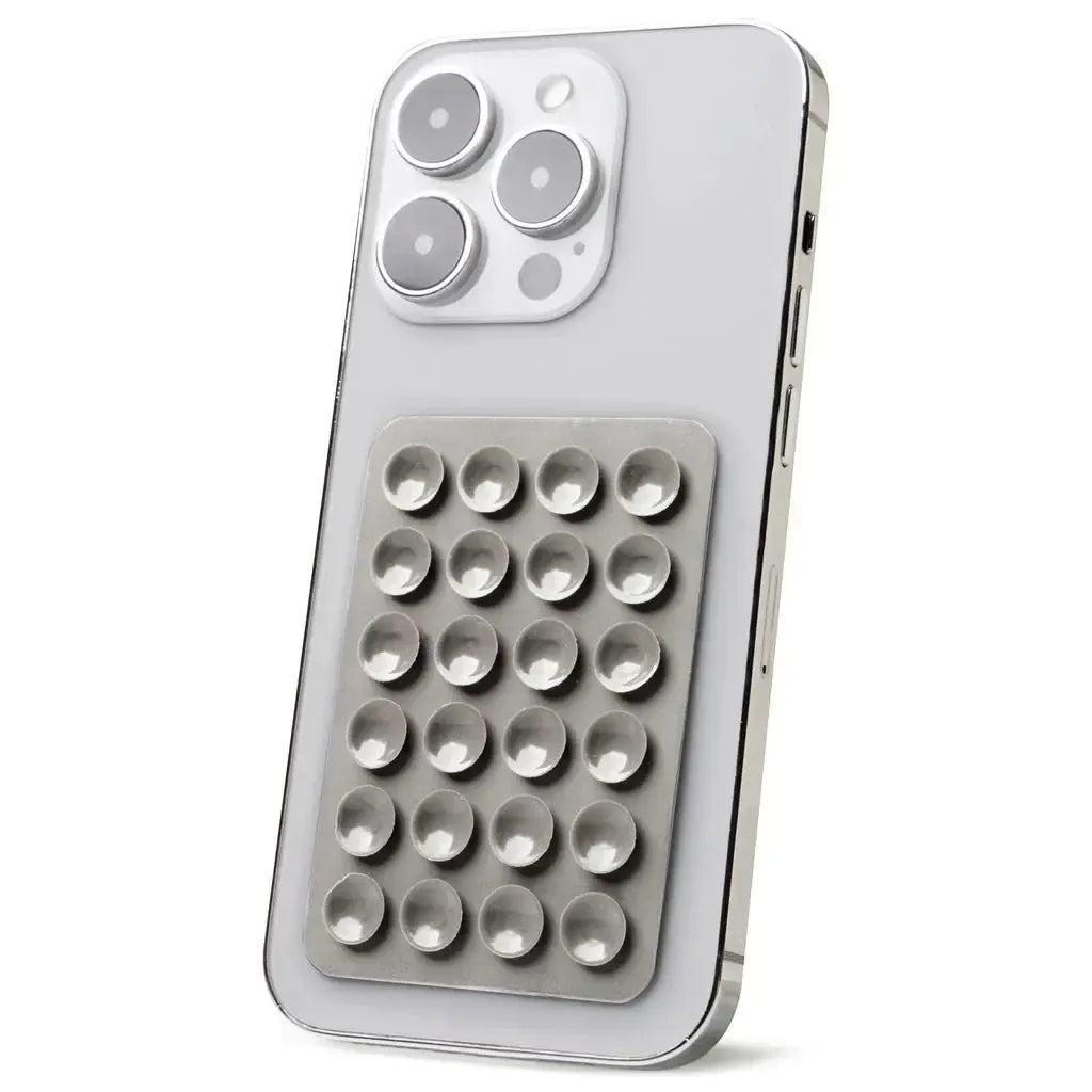 Pilka silikoninė lipni plokštelė telefonui su vakuuminiais siurbtukais, laikiklis ir stabilizatorius.