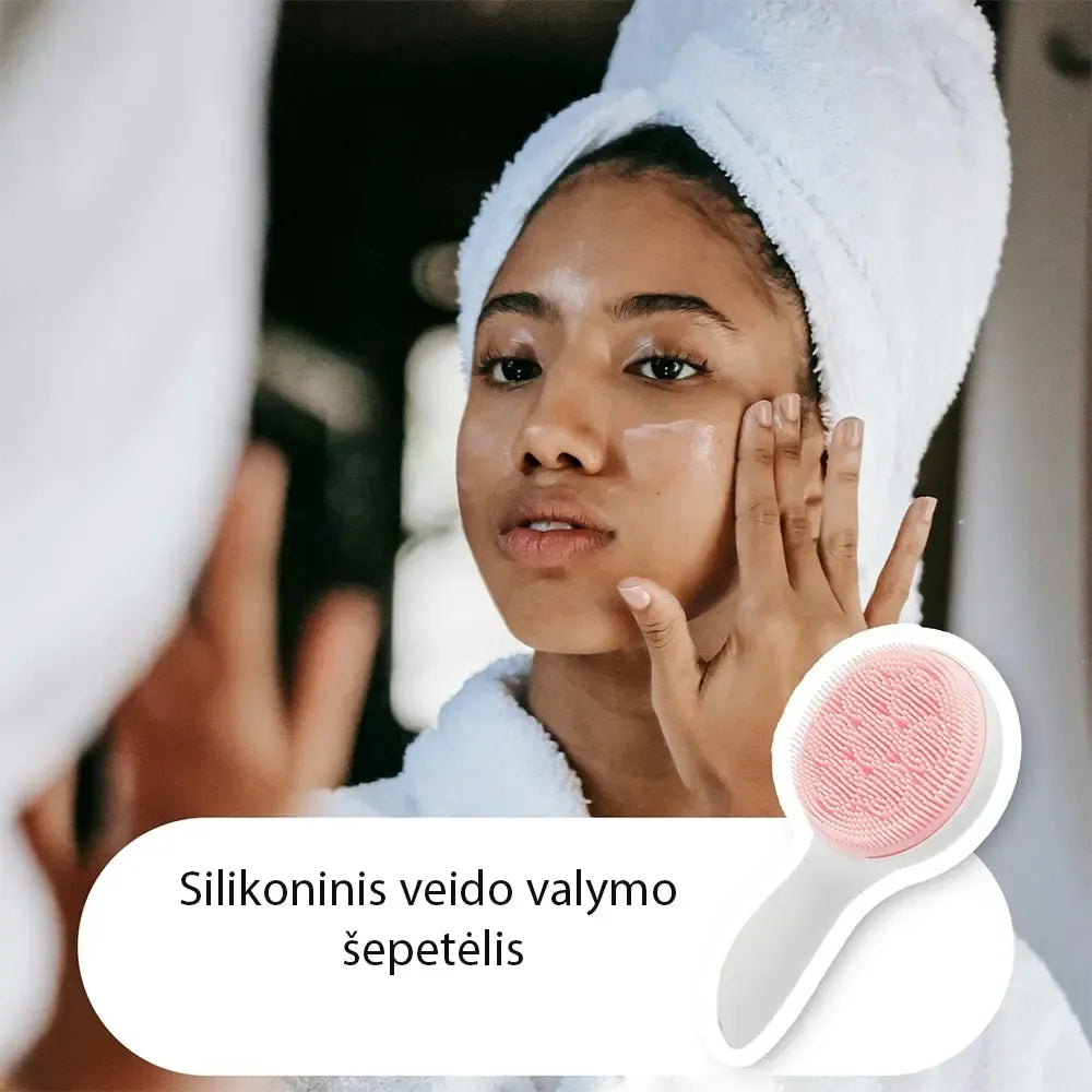 Silikoninis veido valymo šepetėlis, tinkantis odos šveitimui ir valymui, turintis minkštus silikoninius šerelius.