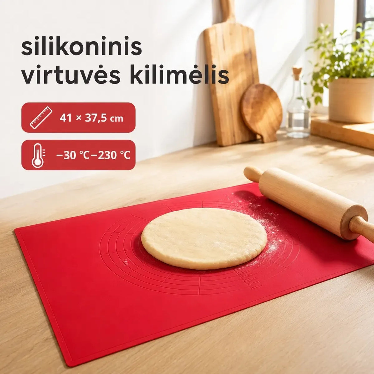 Silikoninis virtuvės kilimėlis, matmenys 41x37,5 cm, atsparus slydimui, tinka virtuvės darbams ir prietaisų apsaugai.