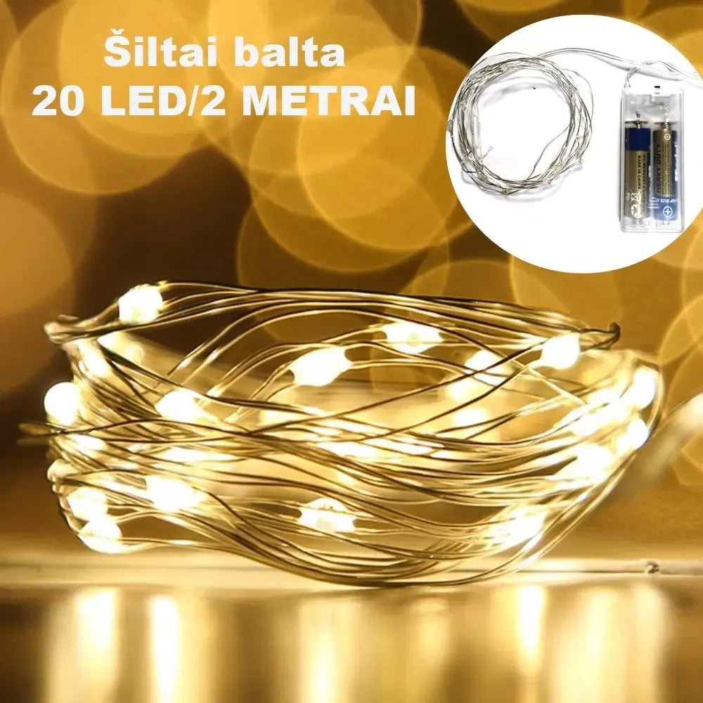 Šiltai balta LED girlianda su 20 LED, 2 m ilgio, veikia su AA baterijomis, namų apšvietimui ir dekoracijoms.