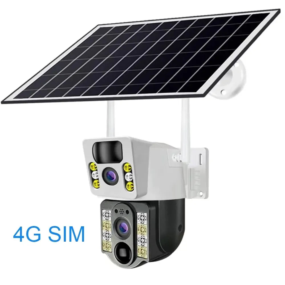 Lauko stebėjimo kamera su 4G SIM kortele, saulės energijos įkrovimu ir platesniu matymu, naudinga apsaugai ir stebėjimui.