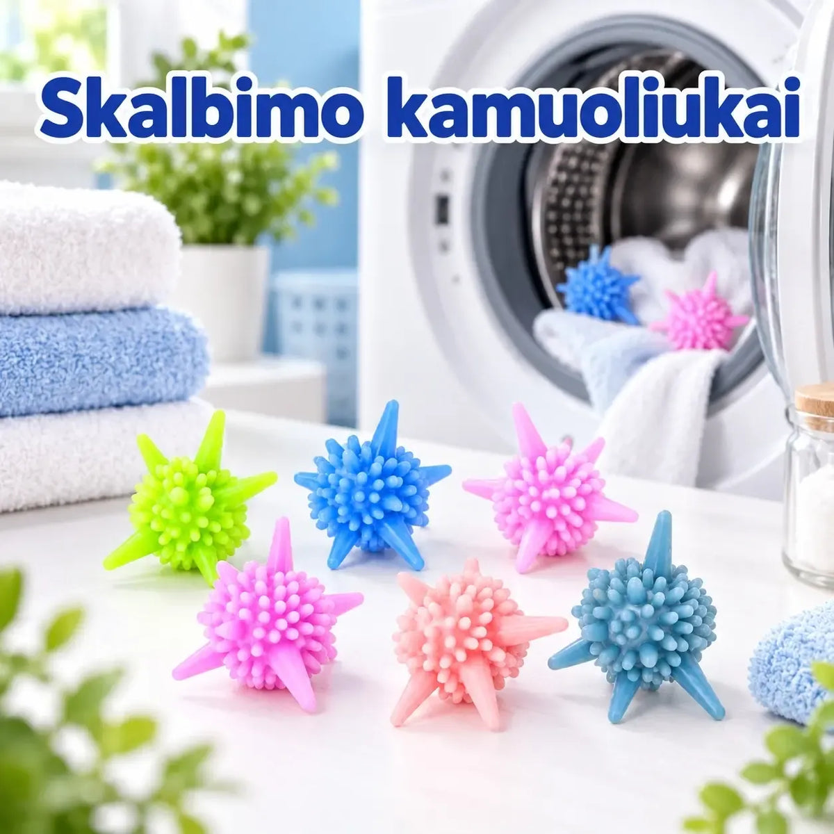 Šeši skalbimo kamuoliukai, natūralaus audinio tekstūra, naudojami skalbimo procese, veikia kaip minkštikliai ir audinio gerinimo priemonė.