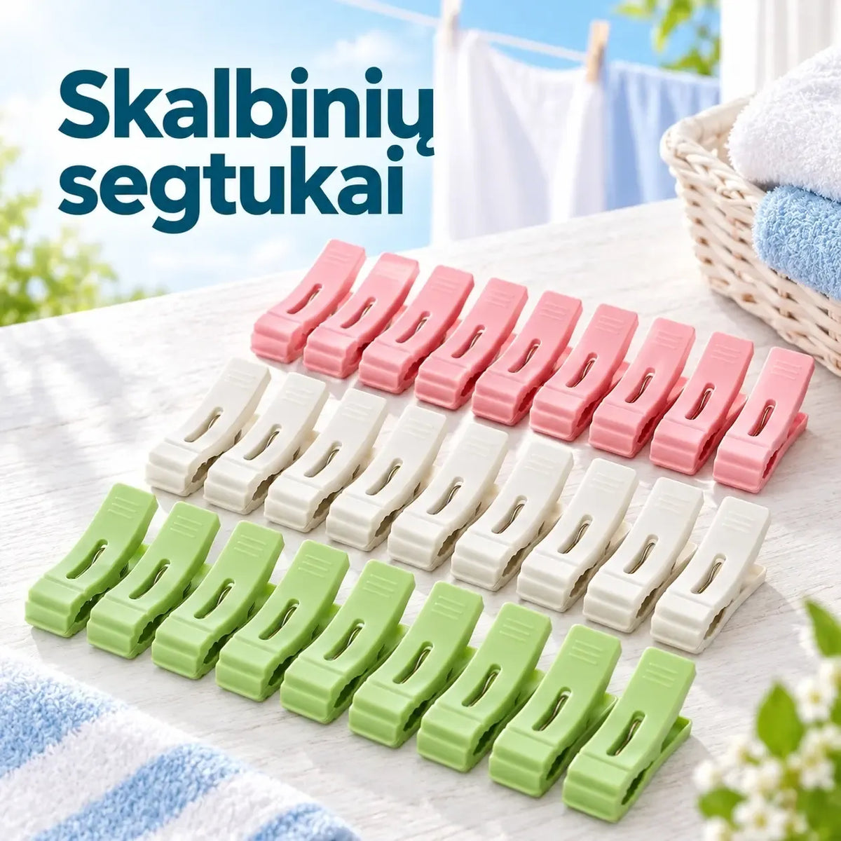 Skalbinių segtukai, 24 vnt., plastikiniai segtukai skalbiniams, tinkami sausam ir drėgnam skalbimui, šviesiai mėlyni.
