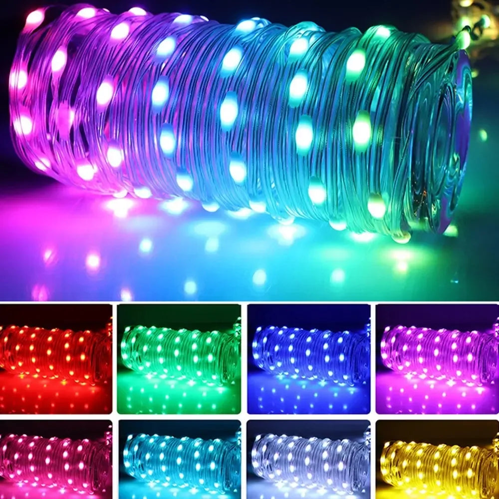 Išmanioji RGB LED kalėdinė girlianda su programėle, ryškios spalvos ir reguliuojamas apšvietimas, skirta šventinei dekoracijai.