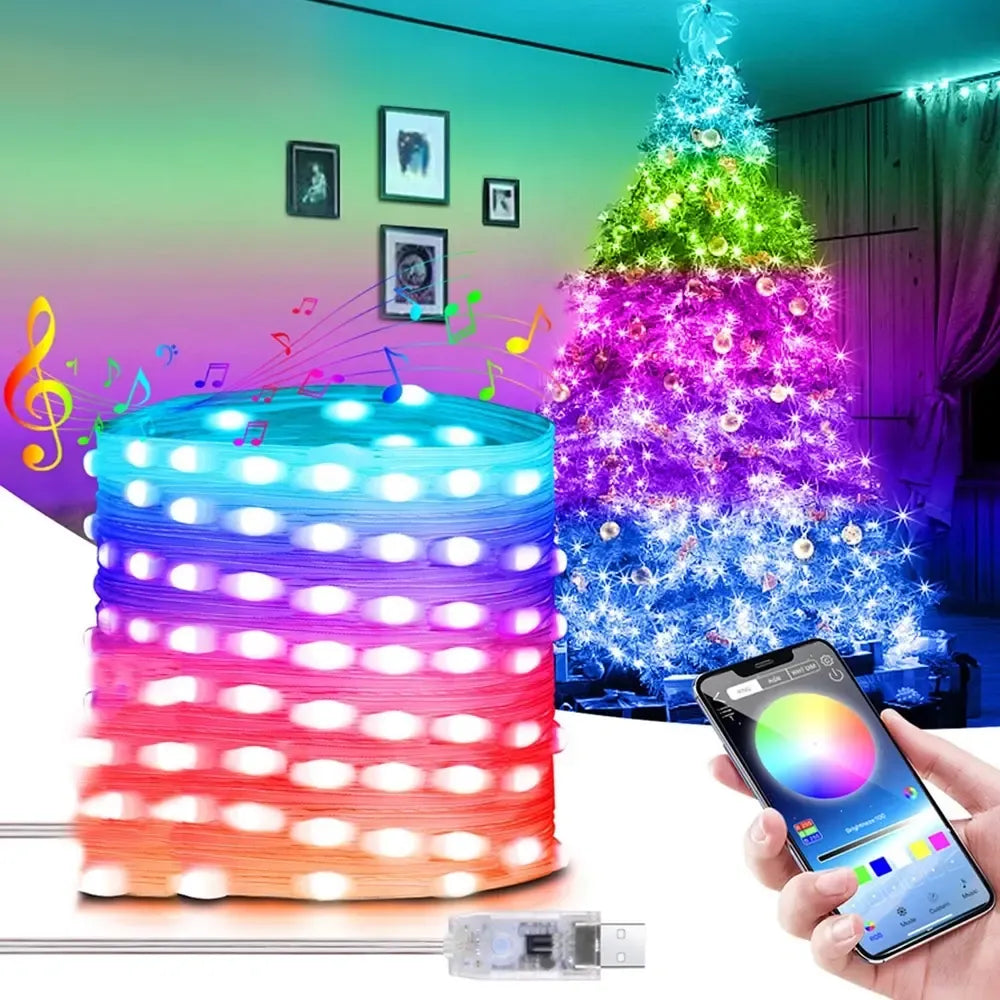 Išmanioji RGB LED kalėdinė girlianda su programėle, šviečianti spalvingomis LED šviesomis ir valdomi išmaniuoju telefonu.