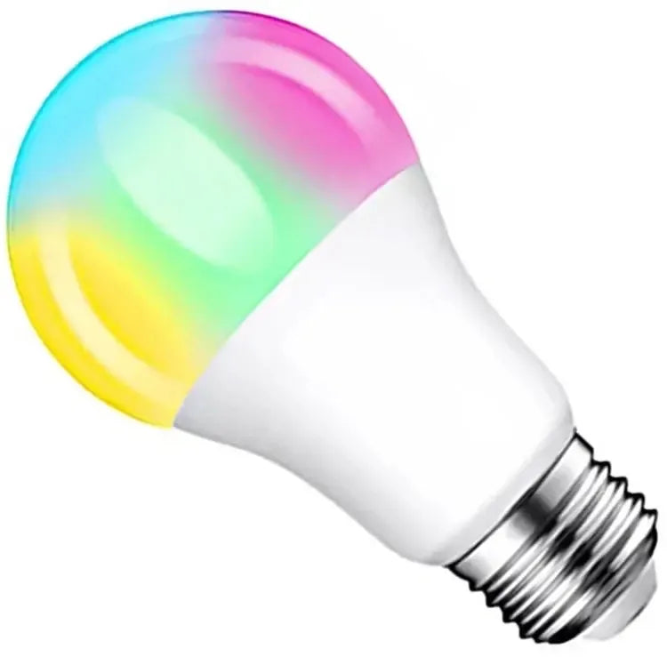 Spalvota RGB LED E27 lemputė su nuotolinio valdymo pultu, 10 W, šviečia įvairiomis spalvomis ir tinka namų apšvietimui.