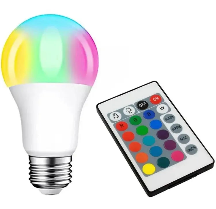 Spalvota RGB LED E27 lemputė su nuotolinio valdymo pultu, 10 W, namų apšvietimui, spalvų keitimas ir šviesos efektai