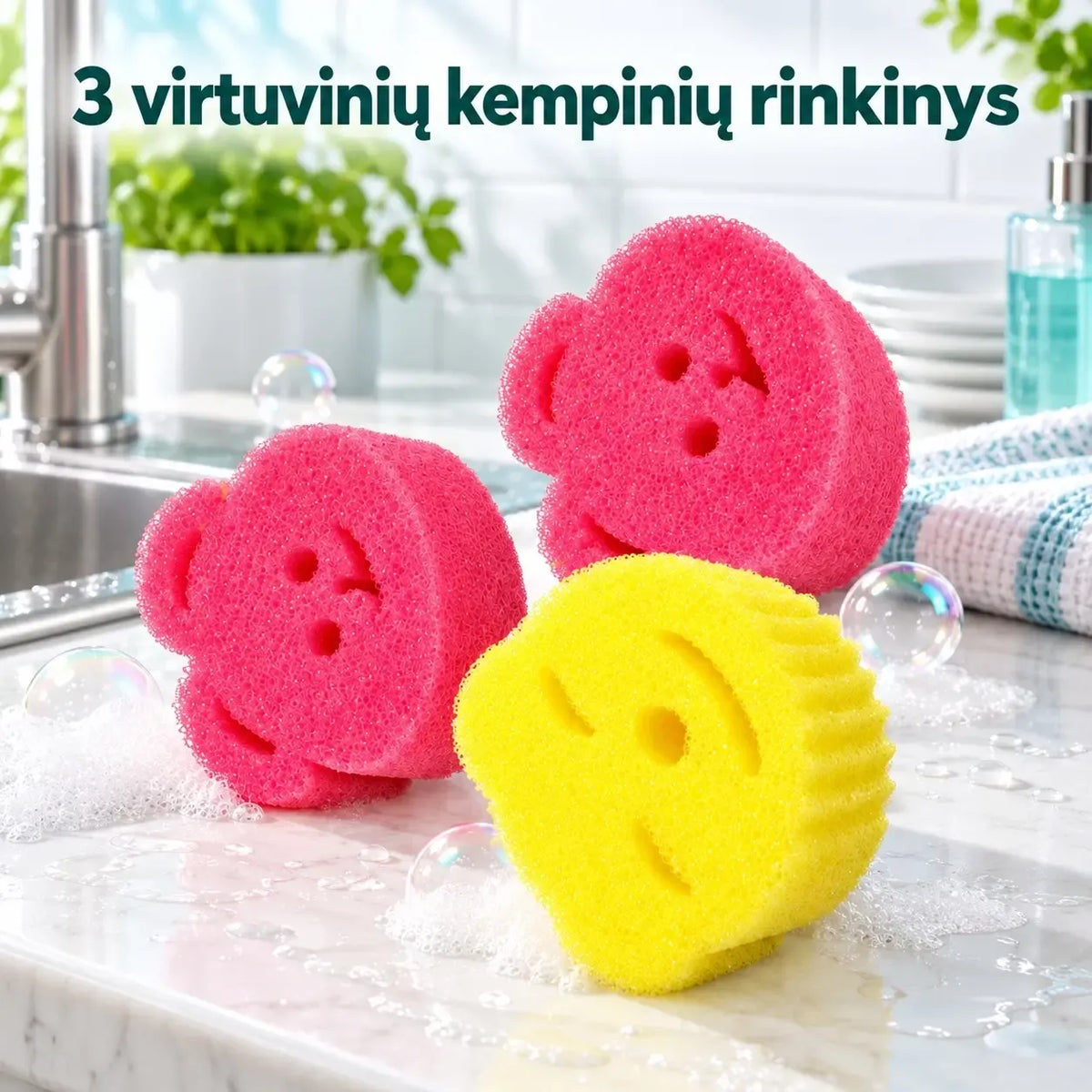 Spalvotų valymo kempinėlių rinkinys, 3 vnt., įvairių spalvų, minkštos ir efektyvios namų valymui.
