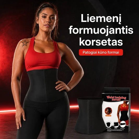 Sportinis liekninamasis juosmens korsetas „Waist Training Corset“, pagamintas iš tamprių medžiagų, siekiant formuoti taliją ir palaikyti treniruotes.