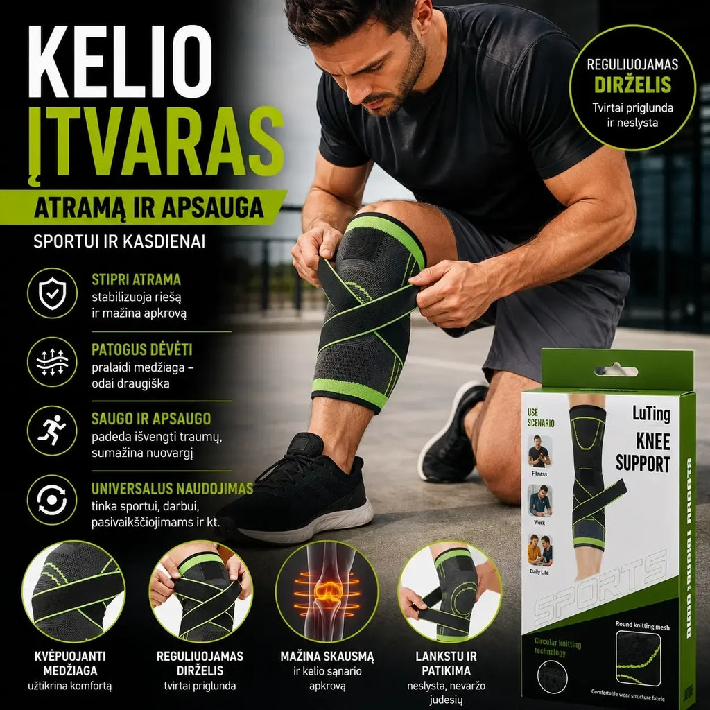 Kelio įtvaras su reguliuojamu dirželiu, stabilizuojantis kelio sąnario ir paramos sportui ar reabilitacijai.